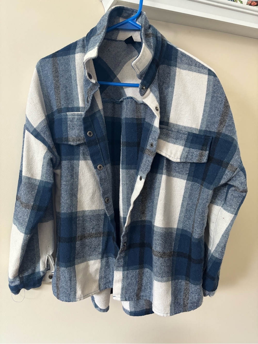 SHEIN Blue & White Plaid Long Sleeve Shirt Jacket